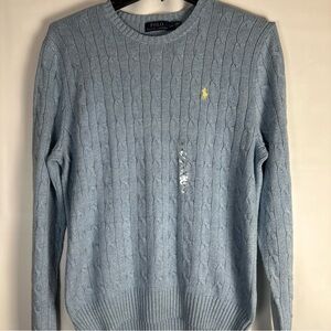 Ralph Lauren Light Blue Cable-Knit Crewneck Sweater with Yellow Pony